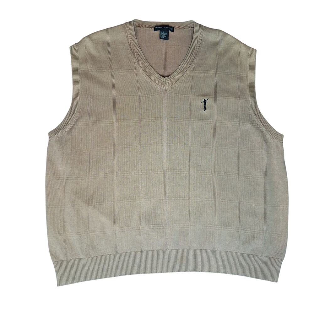 Fairway Outfitters Mens Golf Sweater Vest Beige Tan V-Neck Knit 100% Cotton - XL